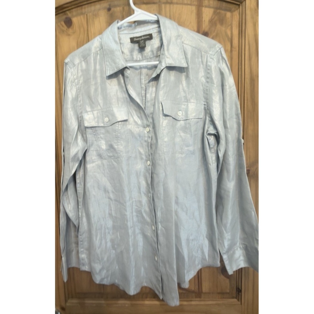 Tommy Bahama Women S Metallic Silver Blue Button Down Shirt Roll Tab Shimmer